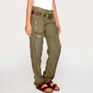 Johnny Was~Pete & Greta Merika Cargo Utility Pants  in Khaki/Olive, Grommet Belt